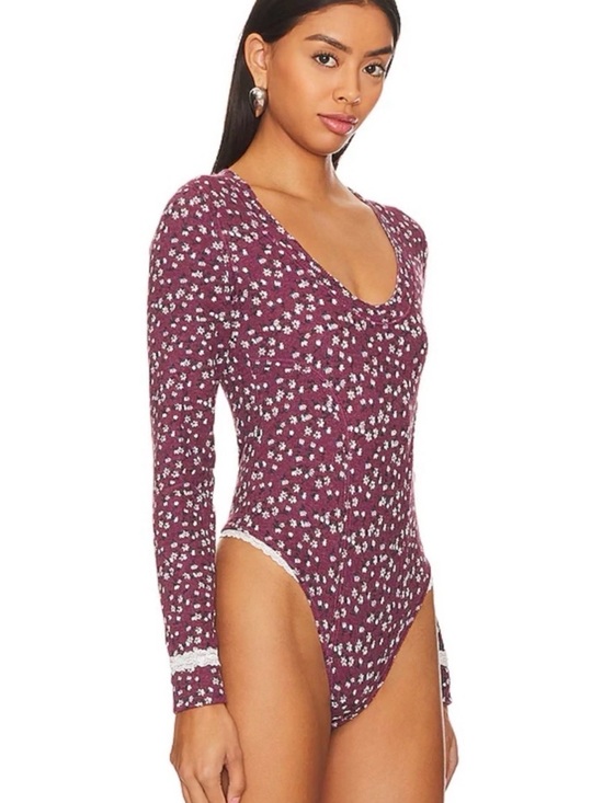 Free People Tops - NWOT Free People Sugar Dreams Floral Knit
Bodysuit Wine Combo with Lace Trim